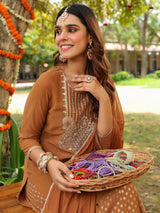 Women's Brown Georgette Embroidered Straight Kurta With Sharara & Dupatta Set