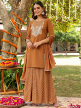 Women's Brown Georgette Embroidered Straight Kurta With Sharara & Dupatta Set