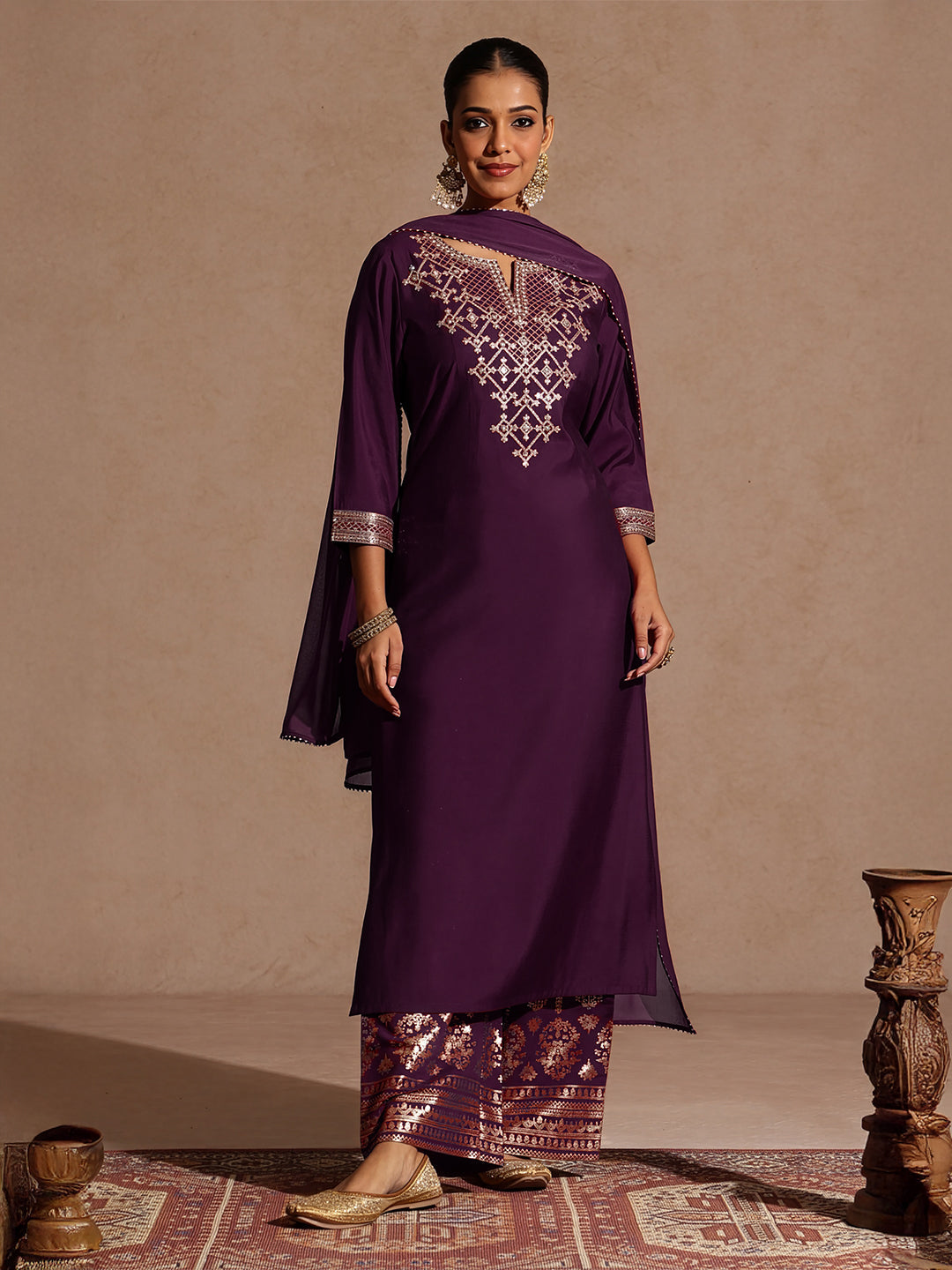 Women's Wine Chanderi Silk Embellished Straight Kurta With Palazzo & Dupatta Set