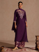 Women's Wine Chanderi Silk Embellished Straight Kurta With Palazzo & Dupatta Set