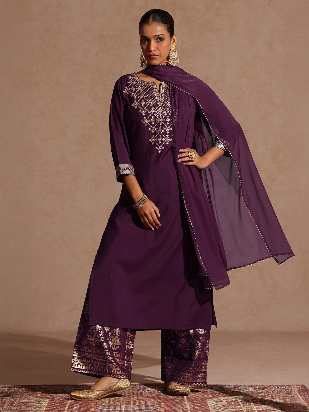 Women's Wine Chanderi Silk Embellished Straight Kurta With Palazzo & Dupatta Set