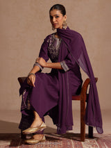 Women's Wine Chanderi Silk Embellished Straight Kurta With Palazzo & Dupatta Set