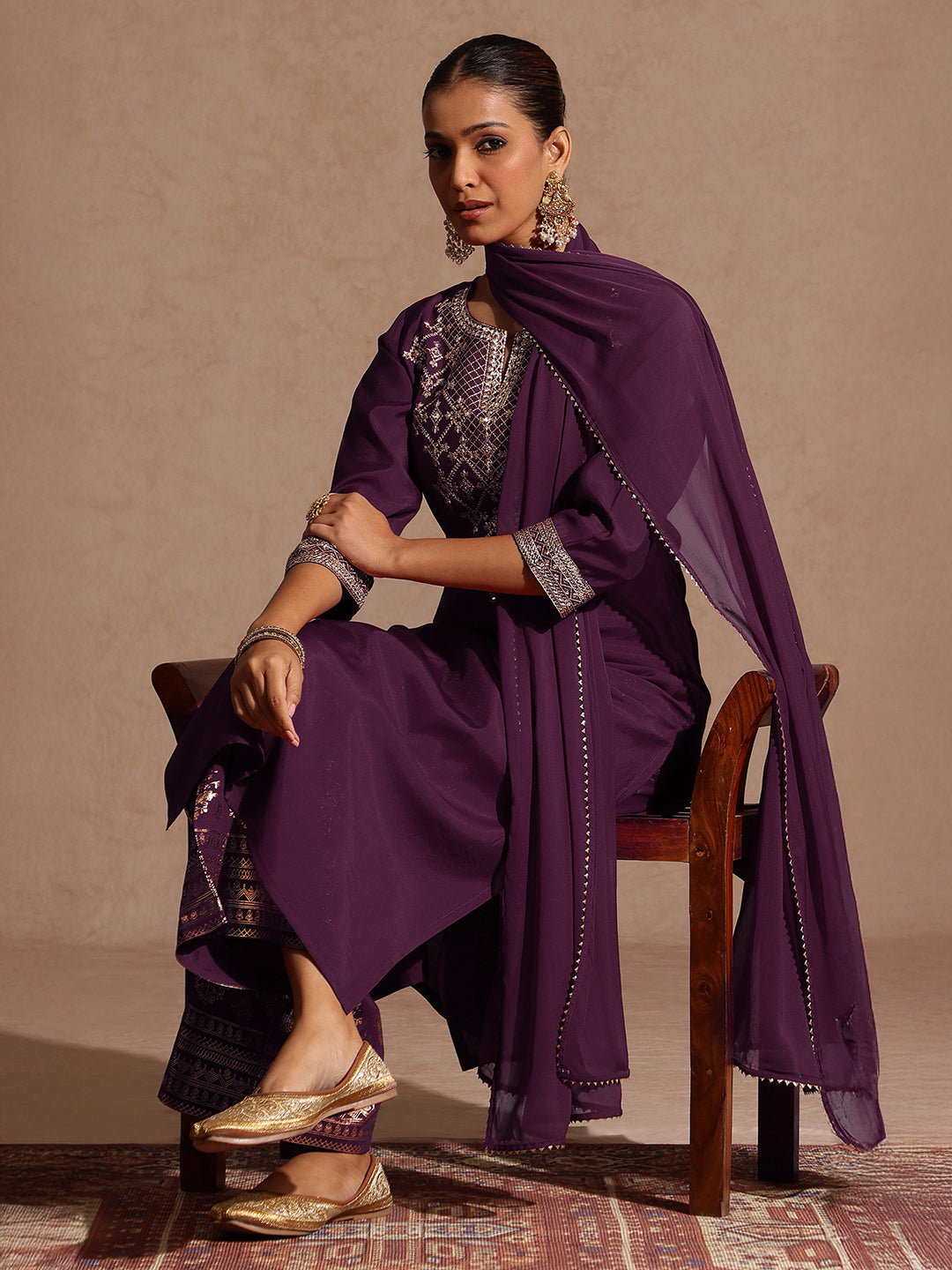 Women's Wine Chanderi Silk Embellished Straight Kurta With Palazzo & Dupatta Set