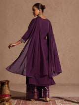 Women's Wine Chanderi Silk Embellished Straight Kurta With Palazzo & Dupatta Set