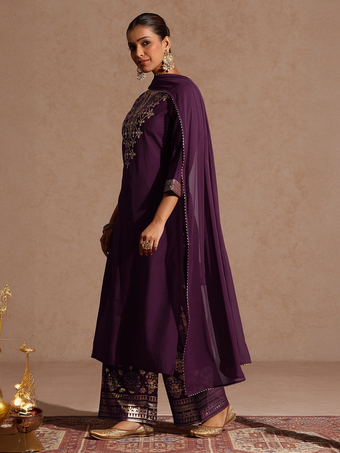 Women's Wine Chanderi Silk Embellished Straight Kurta With Palazzo & Dupatta Set