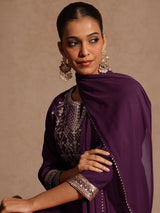 Women's Wine Chanderi Silk Embellished Straight Kurta With Palazzo & Dupatta Set