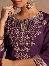 Women's Wine Chanderi Silk Embellished Straight Kurta With Palazzo & Dupatta Set