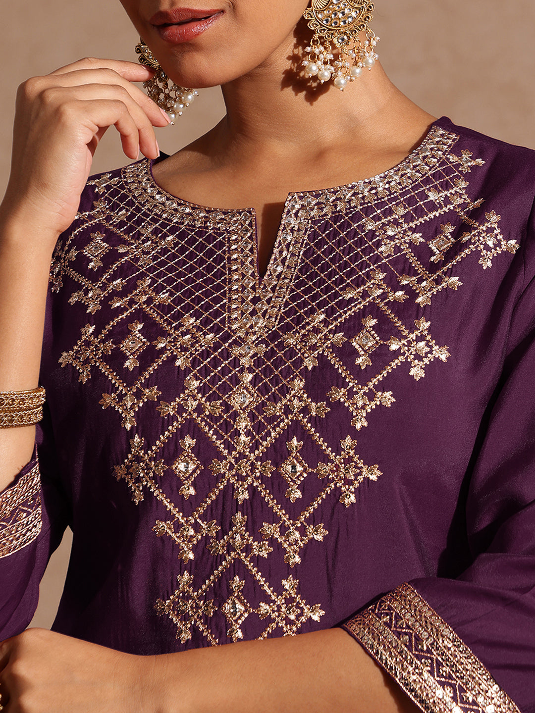 Women's Wine Chanderi Silk Embellished Straight Kurta With Palazzo & Dupatta Set