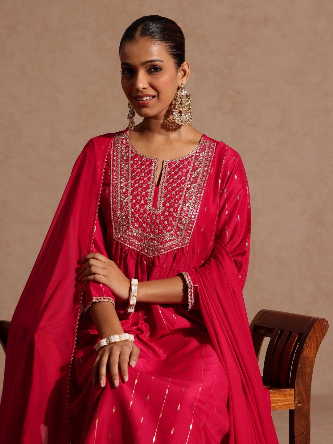 Women's Pink Silk Blend Zari Yoke Embroidered A-line Kurta Set With Dupatta