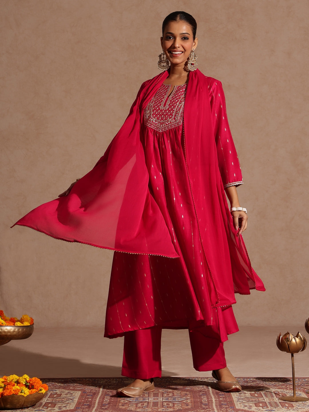 Women's Pink Silk Blend Zari Yoke Embroidered A-line Kurta Set With Dupatta