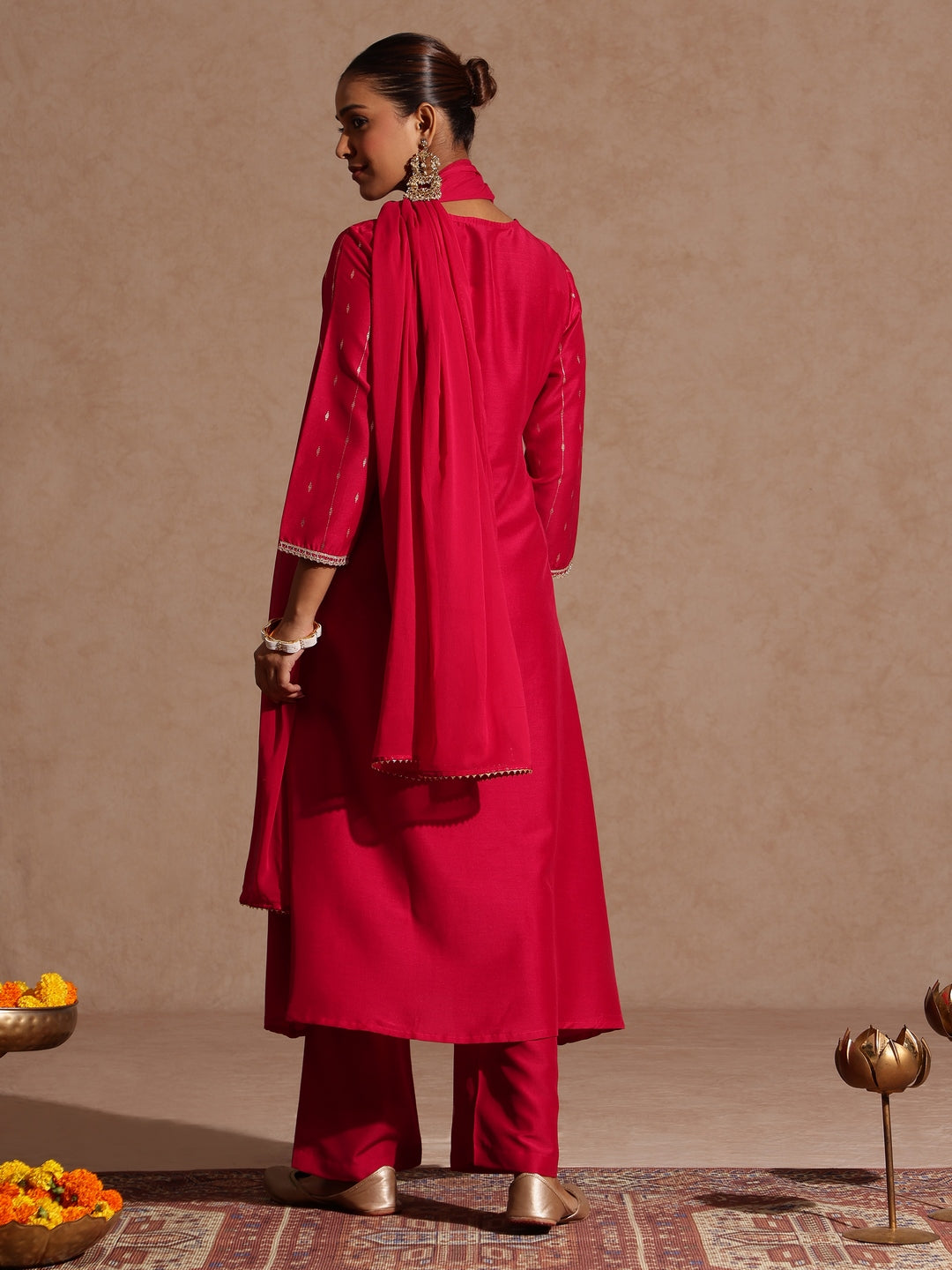 Women's Pink Silk Blend Zari Yoke Embroidered A-line Kurta Set With Dupatta