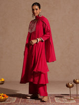 Women's Pink Silk Blend Zari Yoke Embroidered A-line Kurta Set With Dupatta
