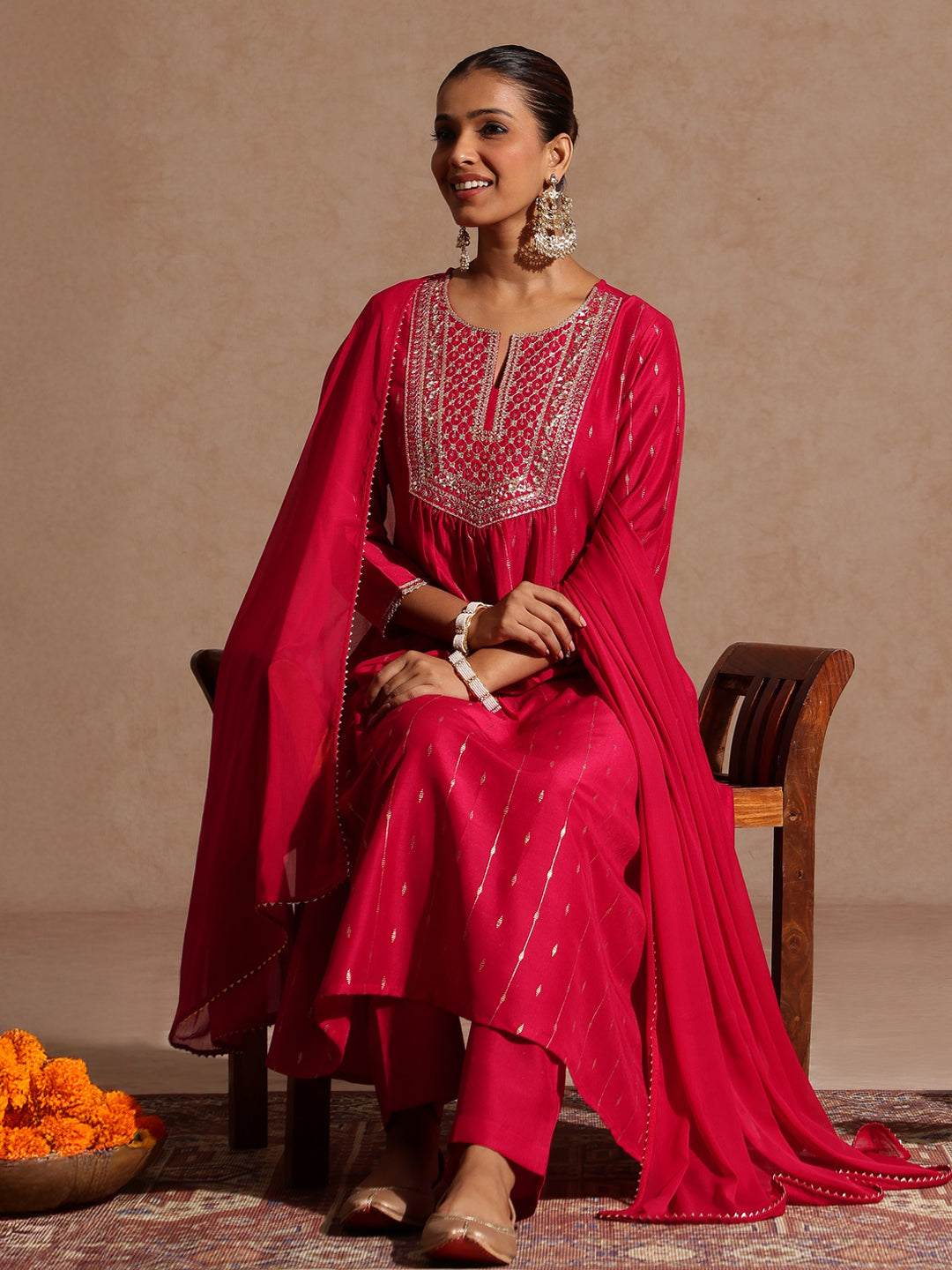 Women's Pink Silk Blend Zari Yoke Embroidered A-line Kurta Set With Dupatta