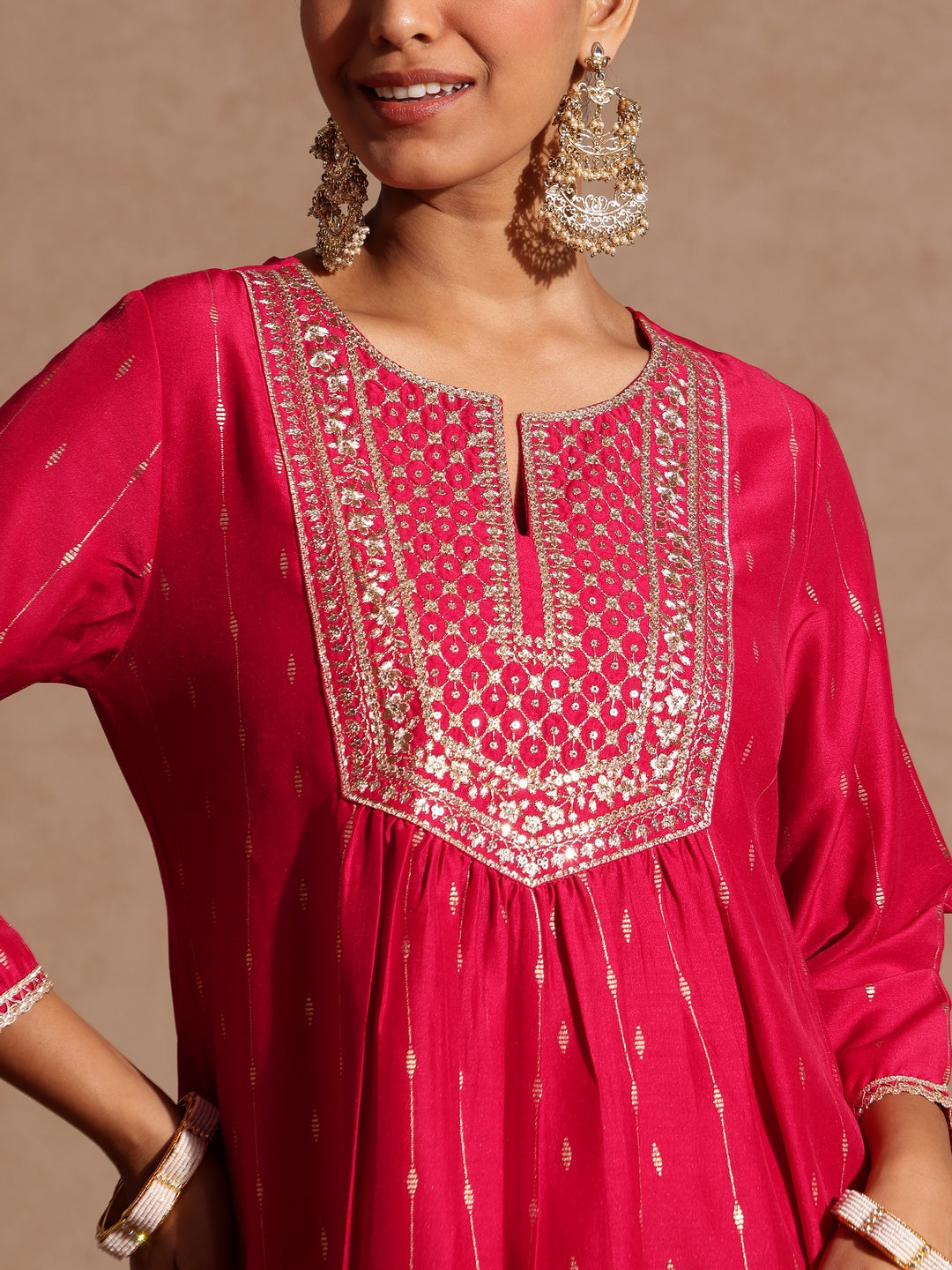 Women's Pink Silk Blend Zari Yoke Embroidered A-line Kurta Set With Dupatta