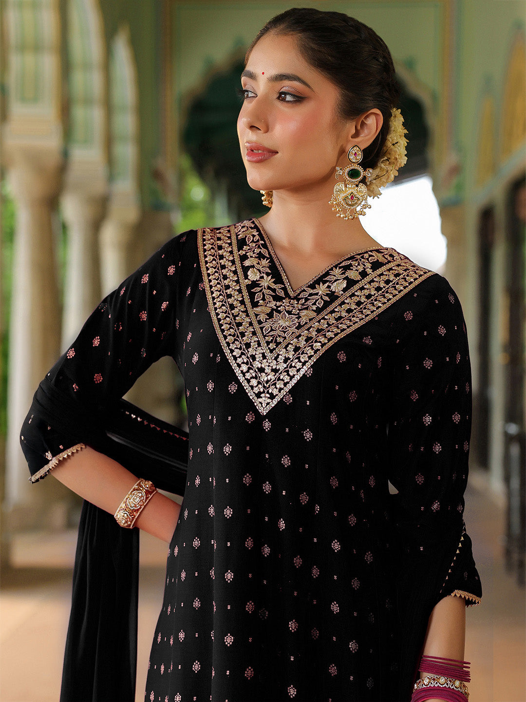 Women's Black Silk Blend Zari Yoke Embroidered Gold Printed Anarkali Kurta Set