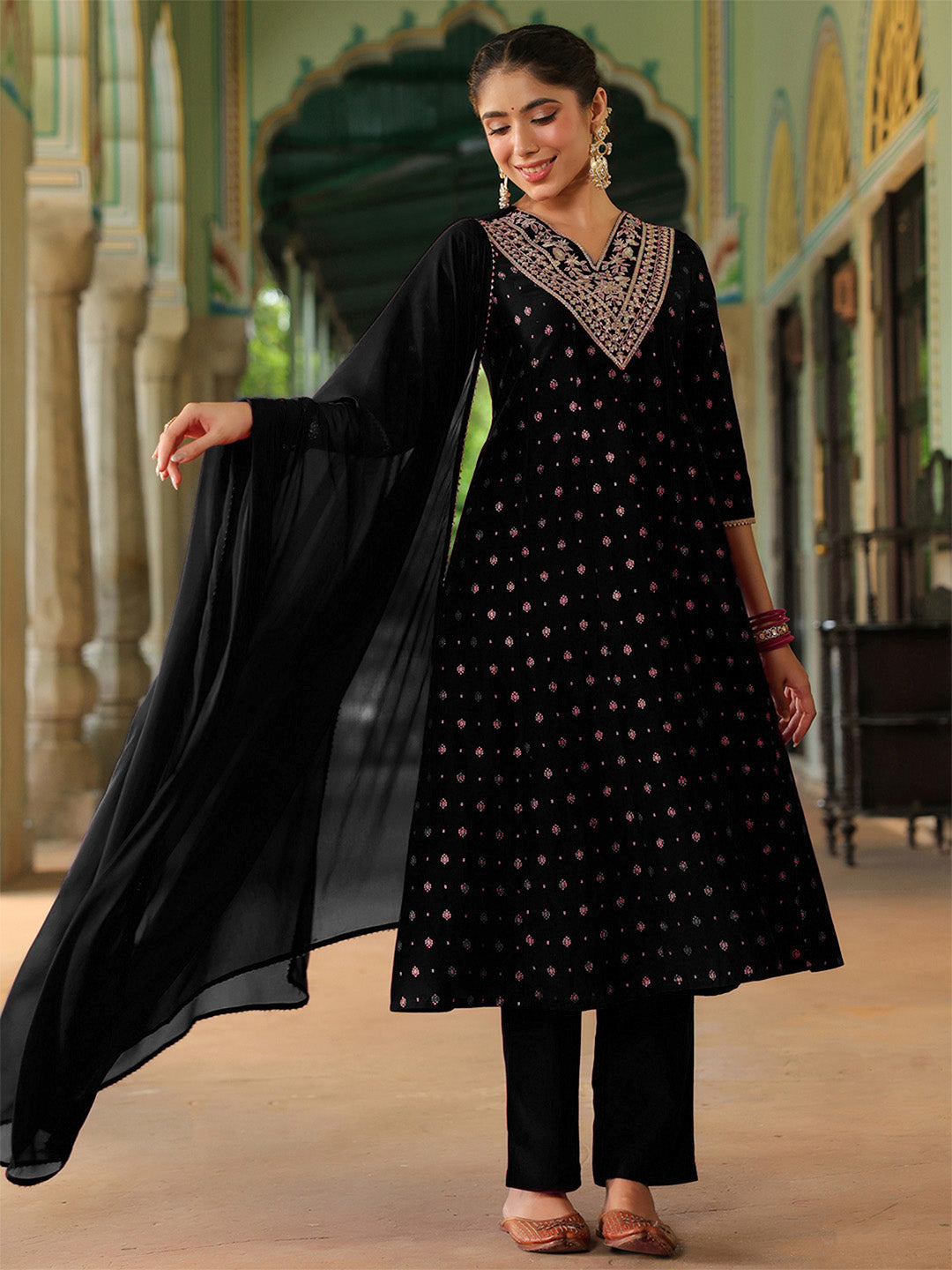 Women's Black Silk Blend Zari Yoke Embroidered Gold Printed Anarkali Kurta Set