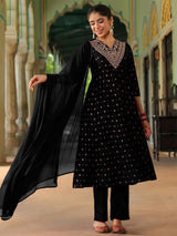 Women's Black Silk Blend Zari Yoke Embroidered Gold Printed Anarkali Kurta Set