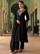 Women's Black Silk Blend Zari Yoke Embroidered Gold Printed Anarkali Kurta Set