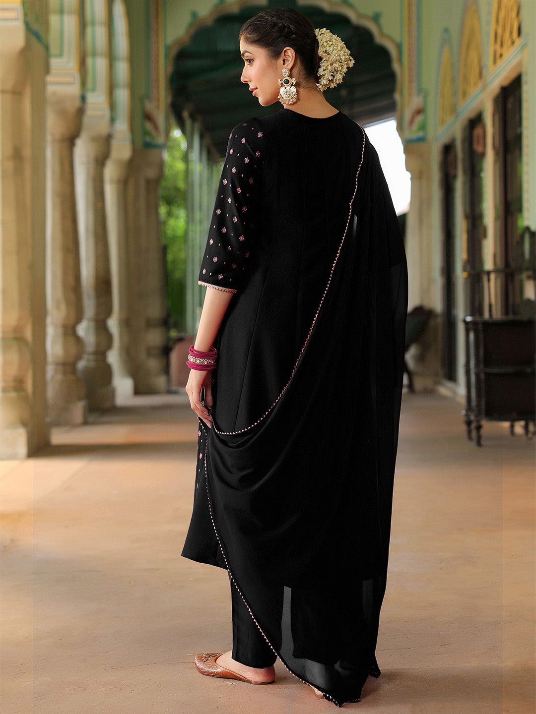 Women's Black Silk Blend Zari Yoke Embroidered Gold Printed Anarkali Kurta Set