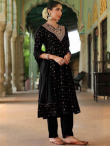 Women's Black Silk Blend Zari Yoke Embroidered Gold Printed Anarkali Kurta Set