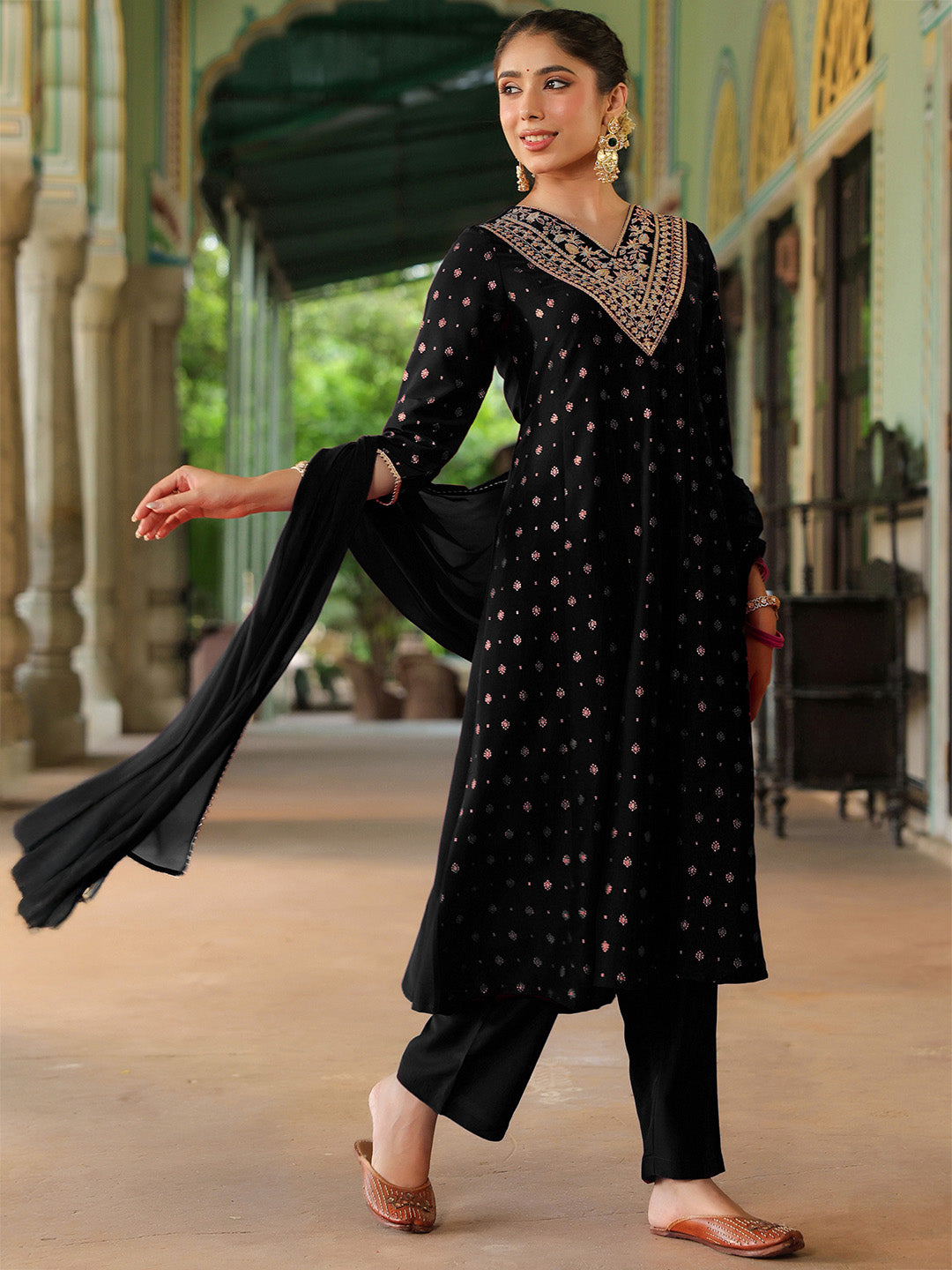 Women's Black Silk Blend Zari Yoke Embroidered Gold Printed Anarkali Kurta Set