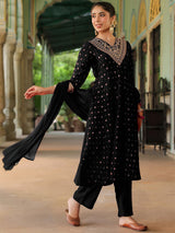 Women's Black Silk Blend Zari Yoke Embroidered Gold Printed Anarkali Kurta Set
