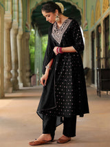 Women's Black Silk Blend Zari Yoke Embroidered Gold Printed Anarkali Kurta Set