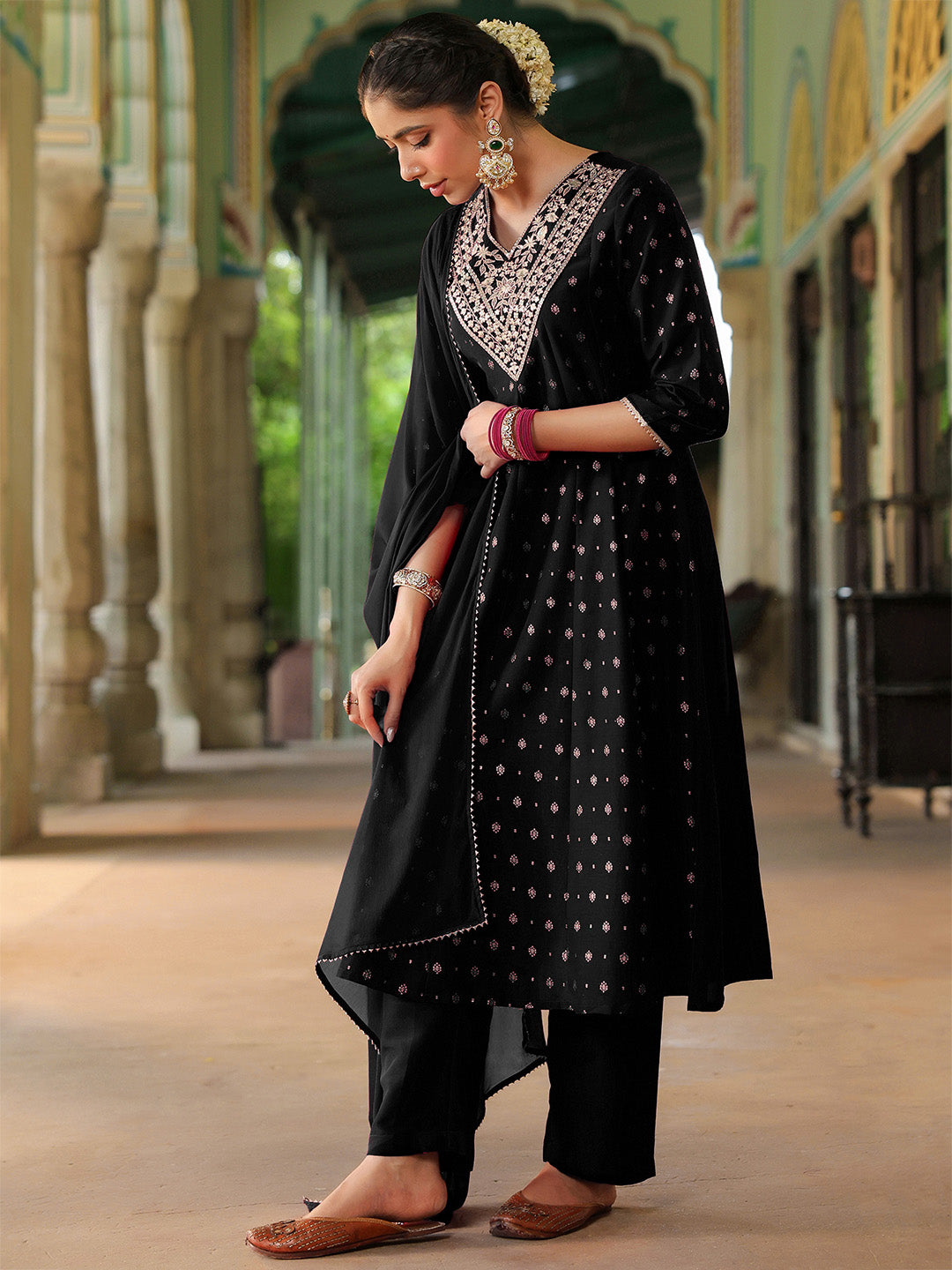 Women's Black Silk Blend Zari Yoke Embroidered Gold Printed Anarkali Kurta Set
