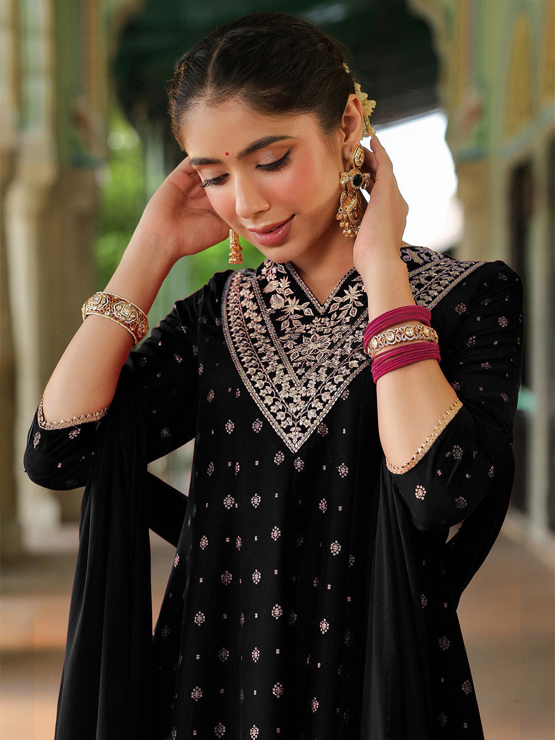 Women's Black Silk Blend Zari Yoke Embroidered Gold Printed Anarkali Kurta Set