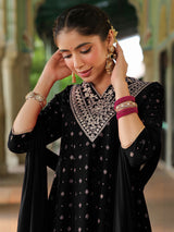 Women's Black Silk Blend Zari Yoke Embroidered Gold Printed Anarkali Kurta Set