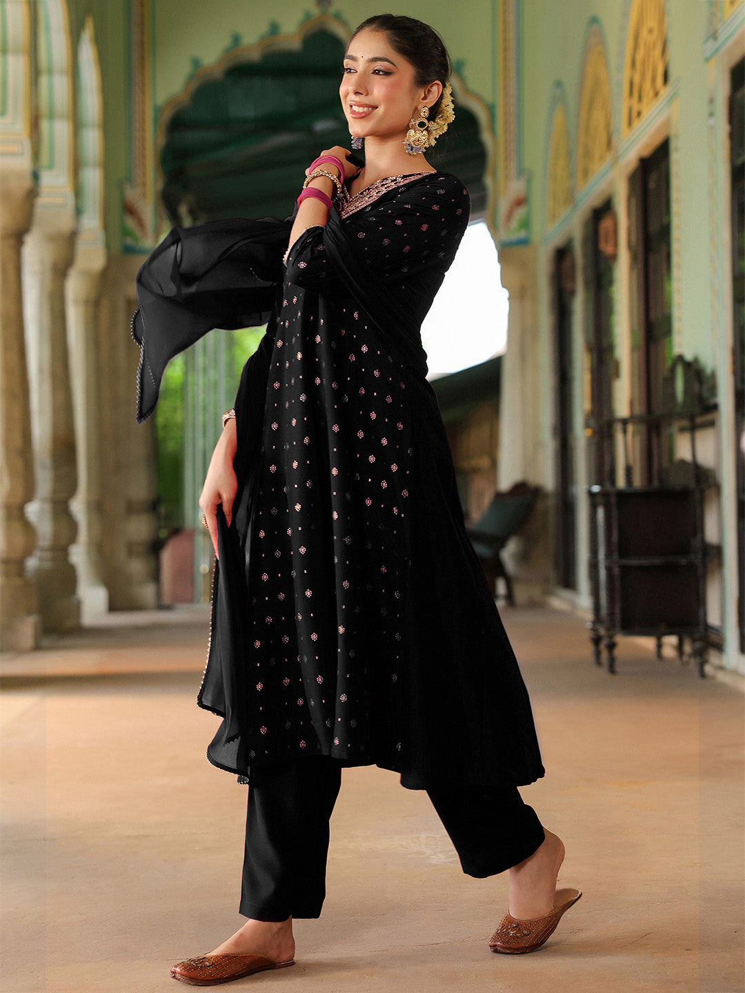 Women's Black Silk Blend Zari Yoke Embroidered Gold Printed Anarkali Kurta Set