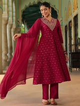 Women's Pink Silk Blend Zari Yoke Embroidered Gold Printed Anarkali Kurta Set