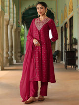 Women's Pink Silk Blend Zari Yoke Embroidered Gold Printed Anarkali Kurta Set