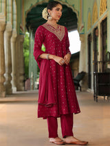 Women's Pink Silk Blend Zari Yoke Embroidered Gold Printed Anarkali Kurta Set