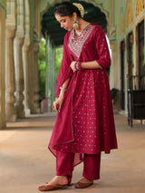 Women's Pink Silk Blend Zari Yoke Embroidered Gold Printed Anarkali Kurta Set