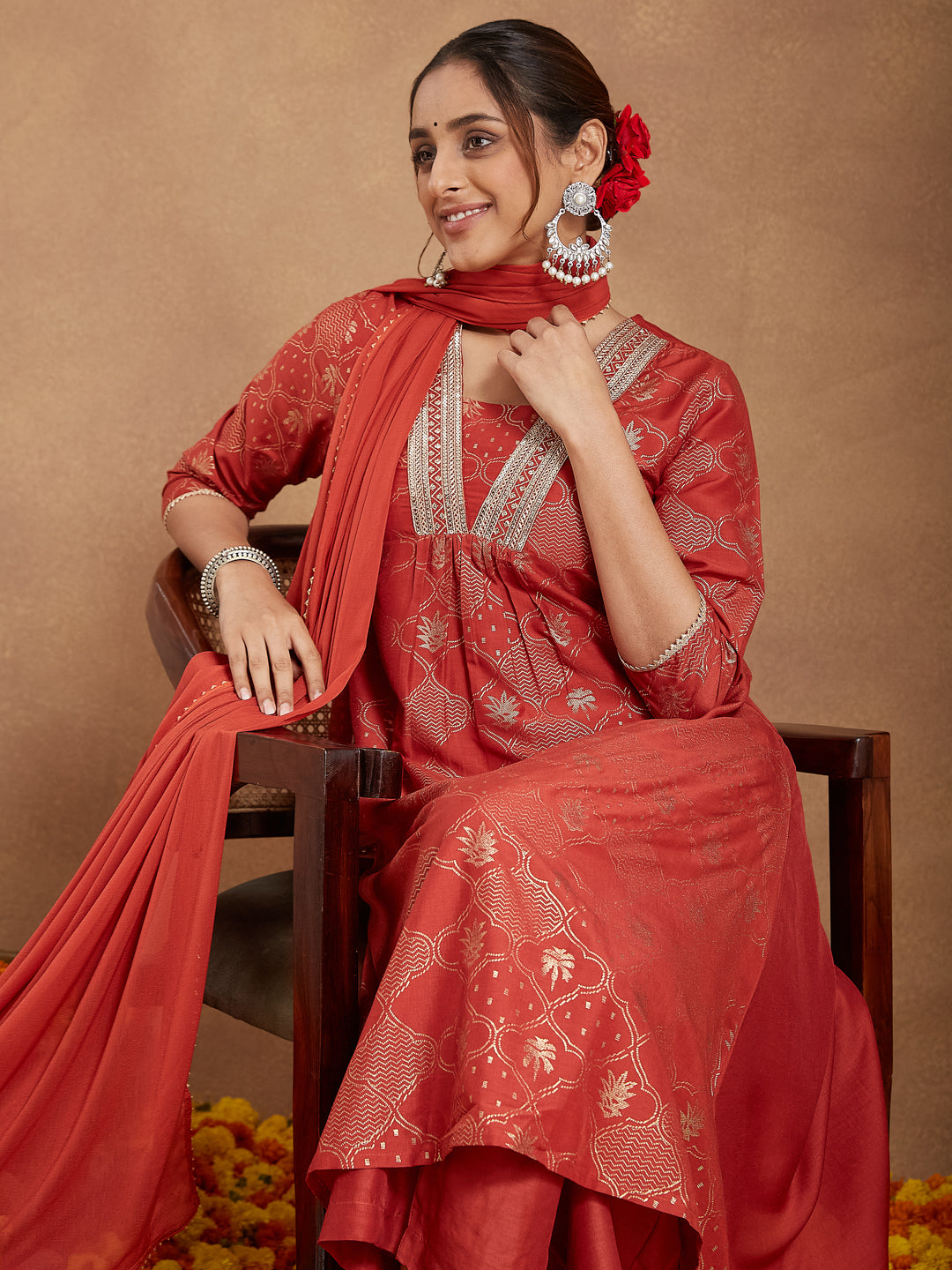 Women's Rust Silk Blend Embellished Gold Printed A-line Kurta Set