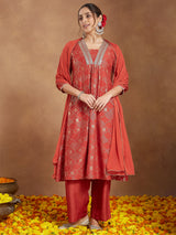 Women's Rust Silk Blend Embellished Gold Printed A-line Kurta Set