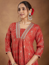Women's Rust Silk Blend Embellished Gold Printed A-line Kurta Set