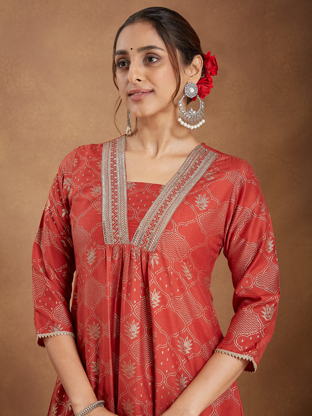 Women's Rust Silk Blend Embellished Gold Printed A-line Kurta Set