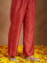 Women's Rust Silk Blend Embellished Gold Printed A-line Kurta Set