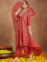 Women's Rust Silk Blend Embellished Gold Printed A-line Kurta Set