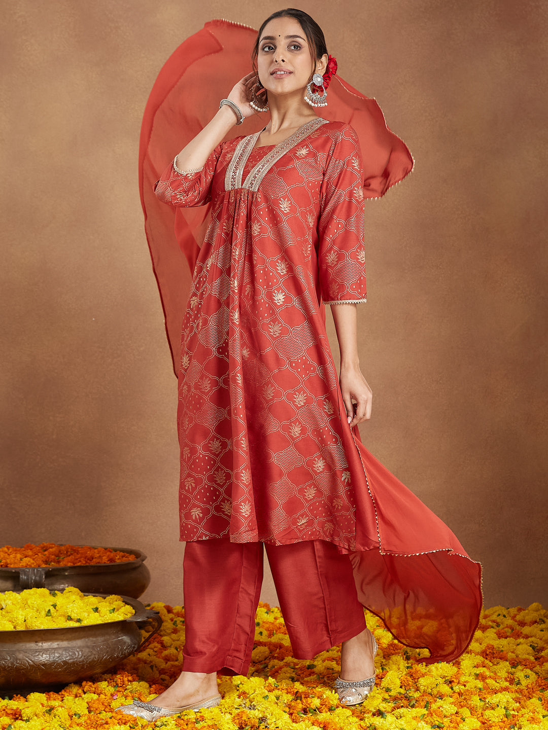 Women's Rust Silk Blend Embellished Gold Printed A-line Kurta Set