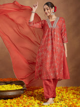 Women's Rust Silk Blend Embellished Gold Printed A-line Kurta Set