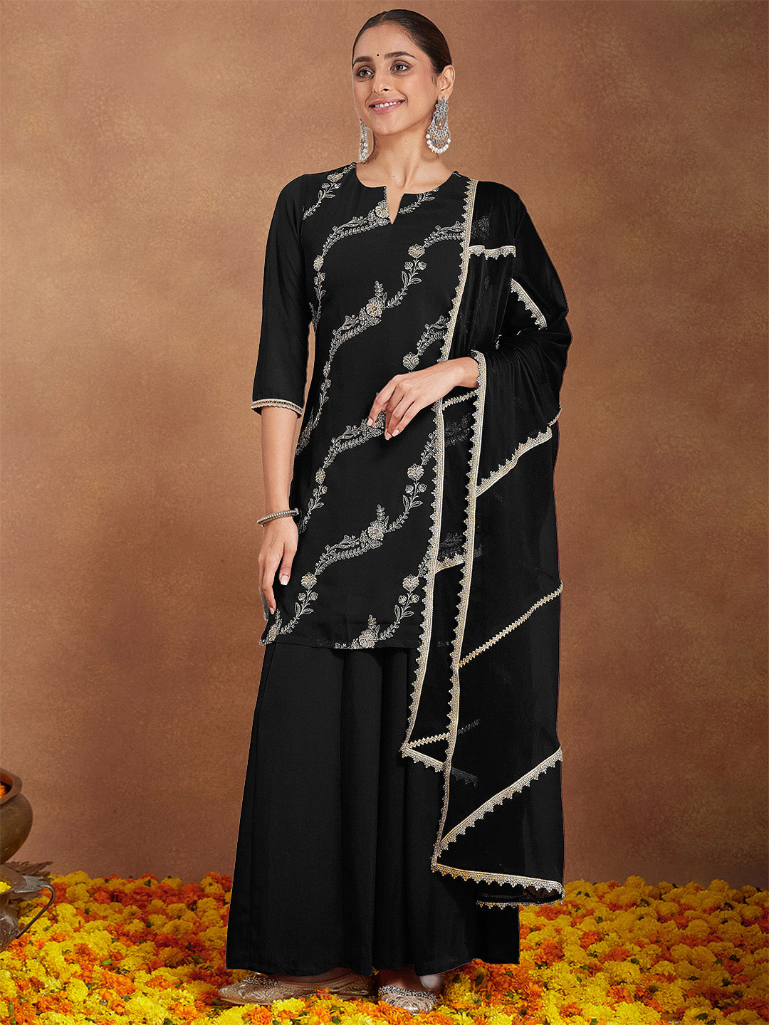 Women's Black Georgette Zari Embroidered Straight Kurta With Palazzo & Dupatta Set