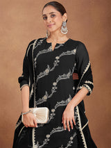 Women's Black Georgette Zari Embroidered Straight Kurta With Palazzo & Dupatta Set