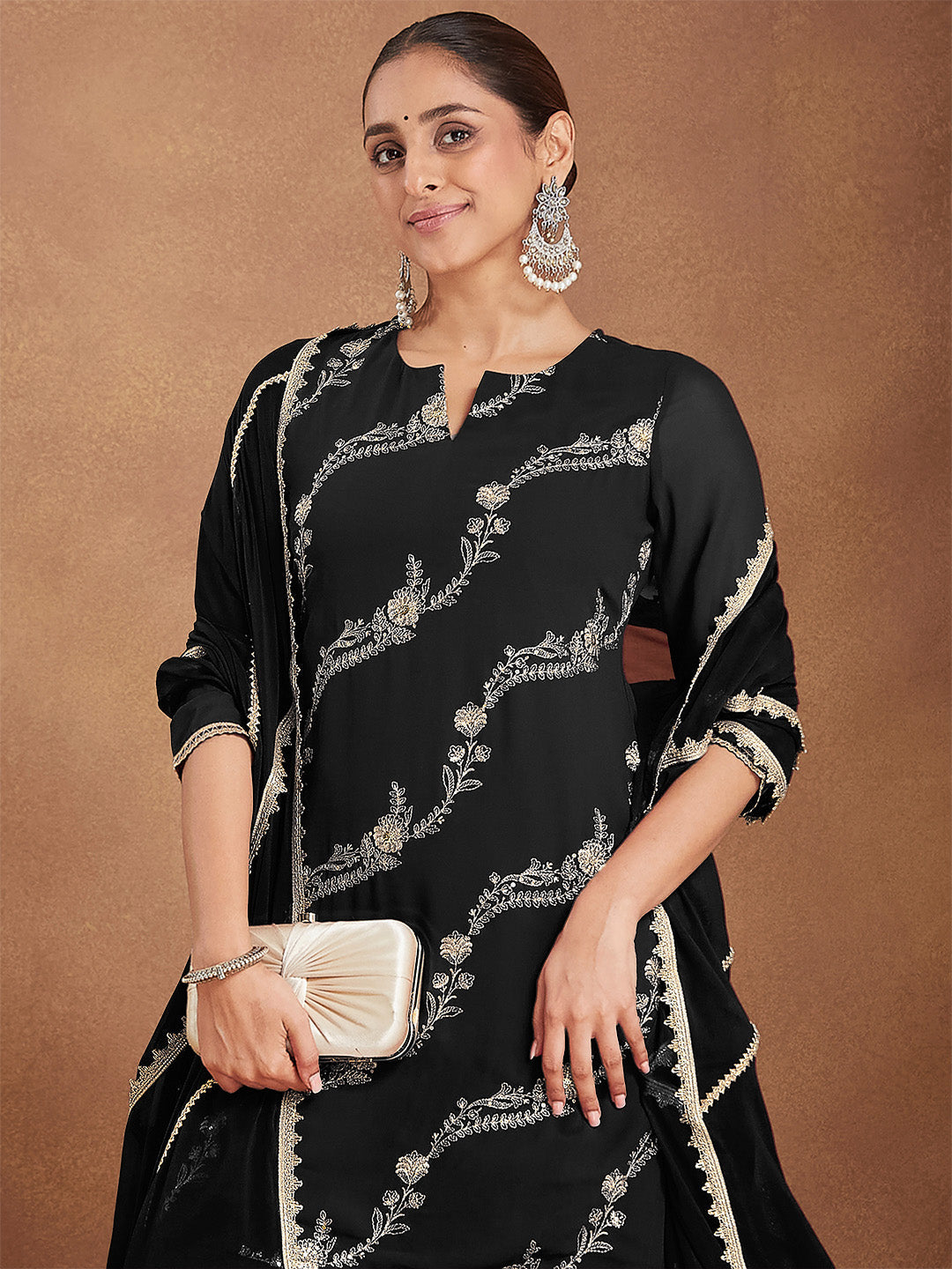 Women's Black Georgette Zari Embroidered Straight Kurta With Palazzo & Dupatta Set