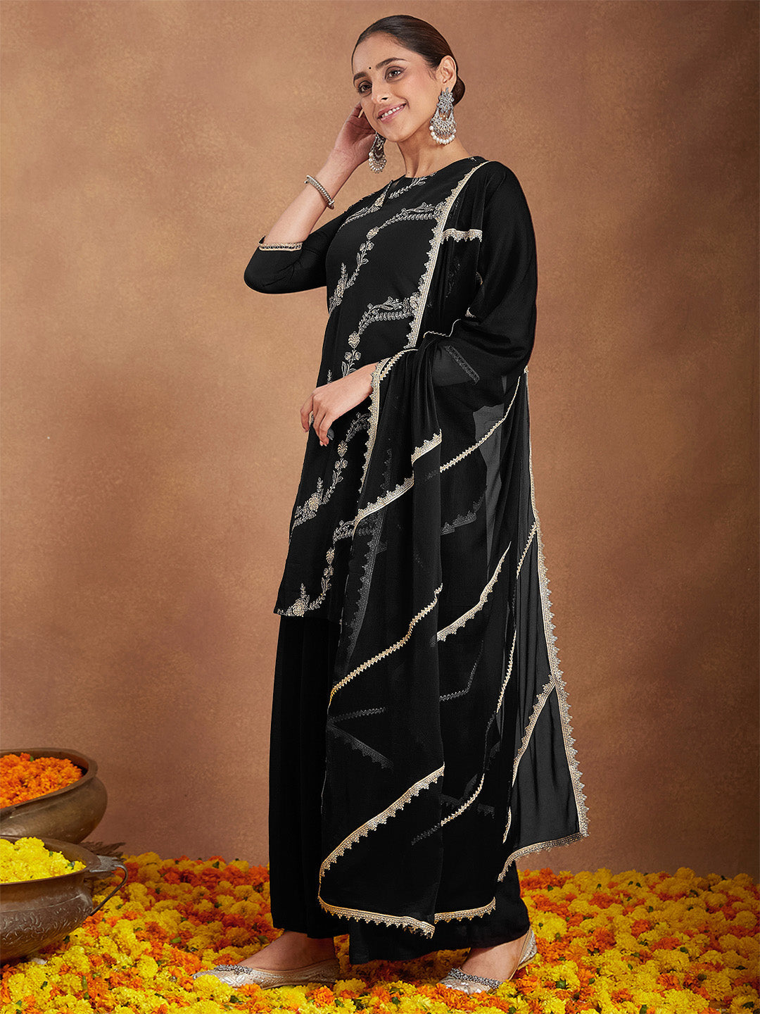 Women's Black Georgette Zari Embroidered Straight Kurta With Palazzo & Dupatta Set