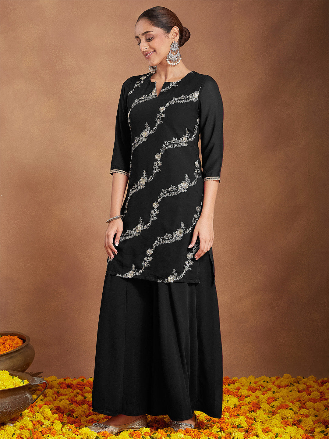 Women's Black Georgette Zari Embroidered Straight Kurta With Palazzo & Dupatta Set