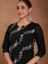 Women's Black Georgette Zari Embroidered Straight Kurta With Palazzo & Dupatta Set