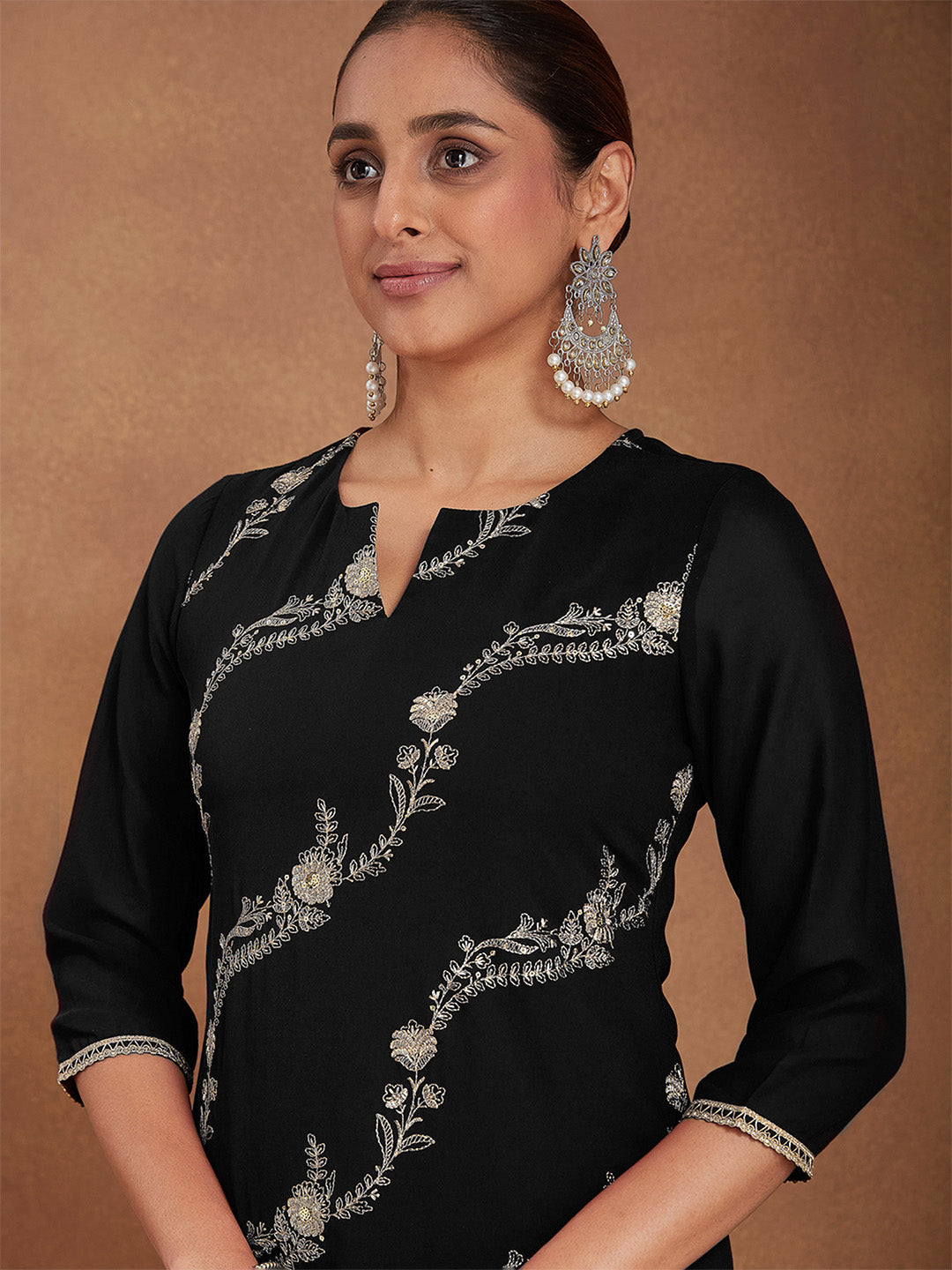 Women's Black Georgette Zari Embroidered Straight Kurta With Palazzo & Dupatta Set